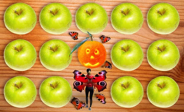 Концептуальный Взгляд Аллергические Гипоаллергические Фрукты Зеленые Яблоки Охота Апельсиновый Мандарин — стоковое фото