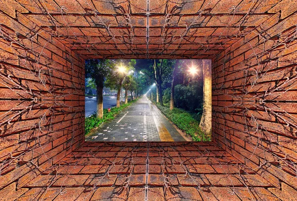 Kaleidoscopic Gradient View Old Tunnel Brick Wall Dry Ivy Ending — Stock Photo, Image