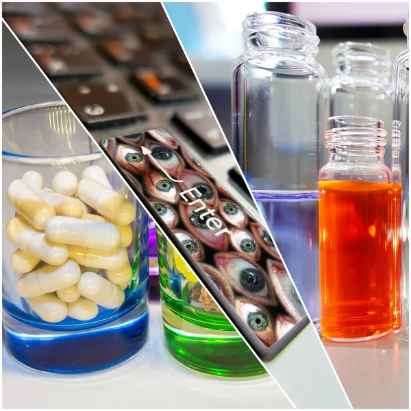 Kollázs Képek Gyógyszerek Tudományos Fejlődéséről Pils Tabletta Modern Laboratóriumban — Stock Fotó