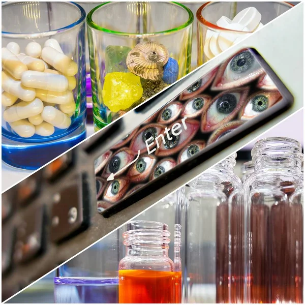 Collage Images Sur Développement Scientifique Médicaments Pils Comprimés Dans Laboratoire — Photo