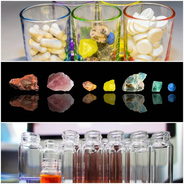 Collage Images Sur Développement Scientifique Médicaments Pilules Vitamines Laboratoire — Photo