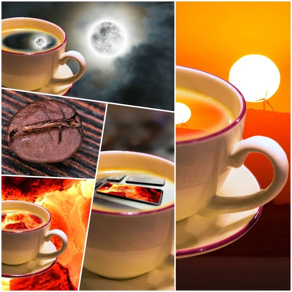 Kolaż Ceramicznej Filiżanki Kawy Smaczną Pianką Zdjęciami Środowiskowymi — Zdjęcie stockowe