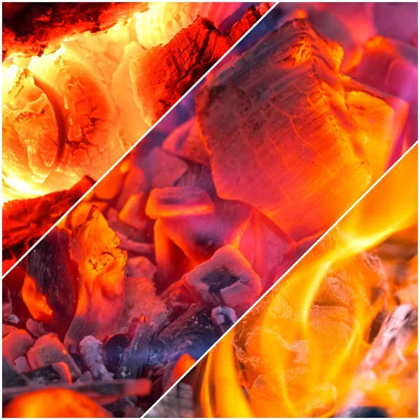 Collage Vibrantes Vistas Cerca Llama Abierta Carbón Caliente Brillante —  Fotos de Stock