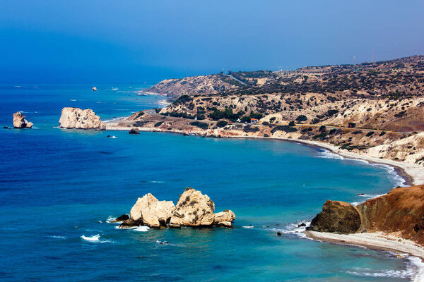 Landscape view over the famous blue bay near the birthplace of Aphrodite in Cyprus in summer 2018