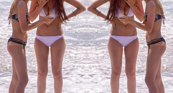 Kalejdoskopowy Kolaż Opalonych Pań Bikini Robiących Selfie — Zdjęcie stockowe