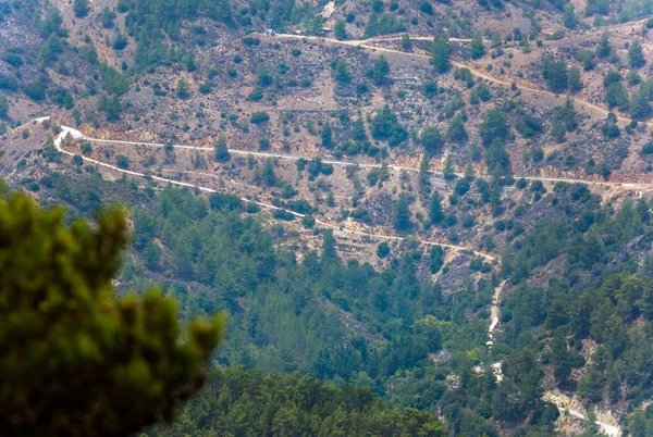 Горные Склоны Деревьями Террасами Дорогами Троодосском Регионе Кипра — стоковое фото