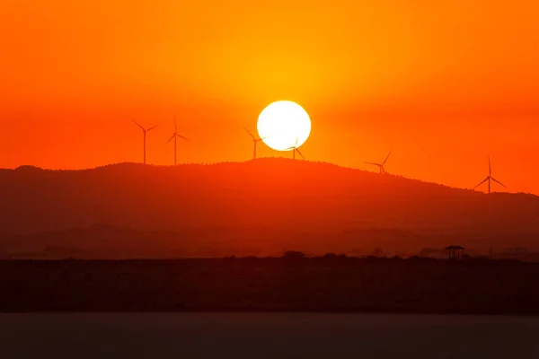 Wind Power Generators Background Sunset Dry Salt Lake Cyprus Larnaca — Stock Photo, Image