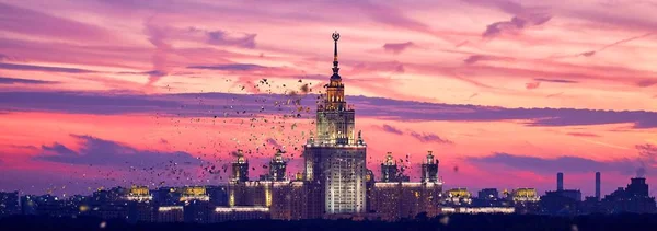 Dissolving Texture Lluminated Silhouette Famous Russian University Dramatic Background Sunset — Stock Photo, Image