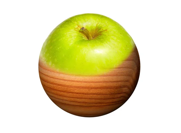 Beyaz Arkaplanda Ahşap Malzemeyle Dolu Yeşil Elmanın Melez Görüntüsü — Stok fotoğraf