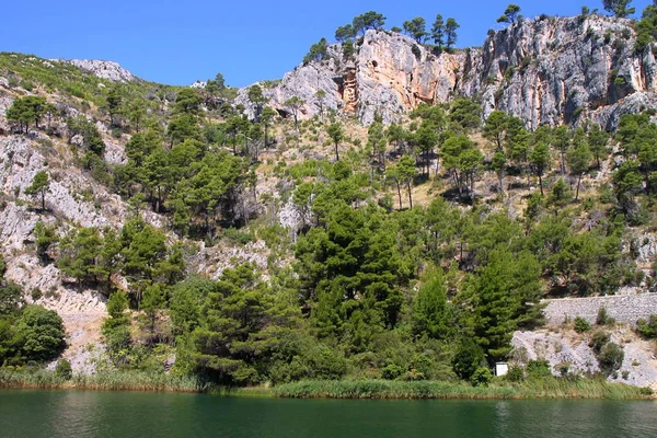 Azure Sommar Kust Soliga Kroatien Med Berg Och Naturlig Skog — Stockfoto
