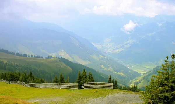 奥地利的高山常绿树覆盖着阳光灿烂的雾蒙蒙的山谷 — 图库照片