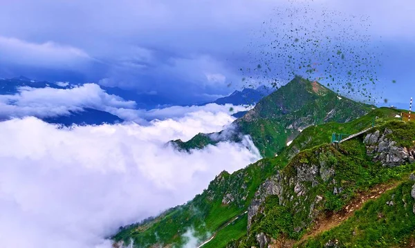 Dissolving Texture Aerial Landscape View Caucasian Mountains Stormy Clouds Green — Stock Photo, Image