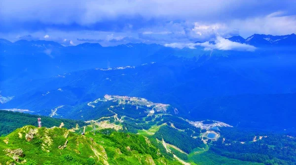 Vibrant Aerial View Caucasian Mountains Blue Cloudy Sky Highest Point — Stock Photo, Image