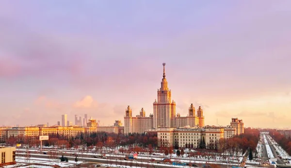 Vibrant Aerial Panoramic View Winter Campus Famous Sunset University Snowed — Stock Photo, Image