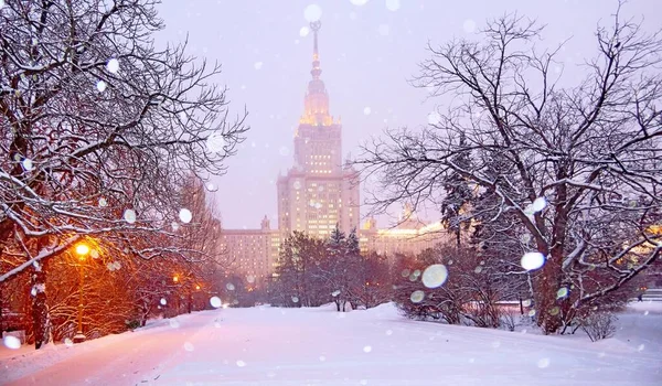 Romantyczny Widok Opady Śniegu Białej Zimie Kampusie Słynnego Rosyjskiego Uniwersytetu — Zdjęcie stockowe