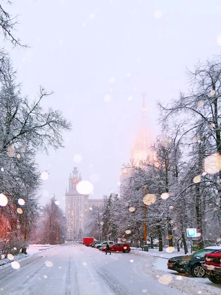 Vista Romântica Queda Neve Campus Inverno Branco Famosa Universidade Russa — Fotografia de Stock