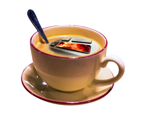 Kolorowe Zdjęcie Porannej Filiżanki Kawy Espresso Wyizolowaną Łyżeczką Wpisać Klawisz — Zdjęcie stockowe