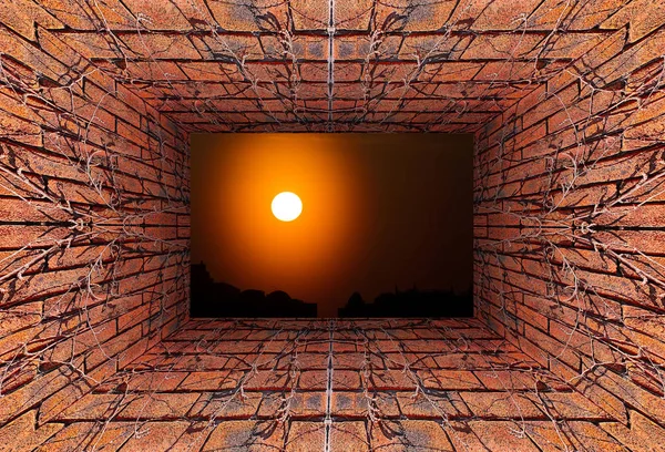 Caleidoscopische Gradiënt Uitzicht Oude Tunnel Naar Dramatische Zonsondergang Landschap Met — Stockfoto