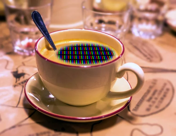 Kolorowe Zdjęcie Porannej Filiżanki Kawy Espresso Łyżką Kawiarni — Zdjęcie stockowe