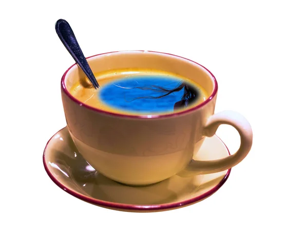 Kolorowe Zdjęcie Porannej Filiżanki Kawy Espresso Łyżką Dziewczyną Odizolowaną Białym — Zdjęcie stockowe