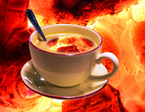 Kolaj Fotoğrafı Sabah Sıcak Espresso Kapağı Kaşık Ateş Görüntülü Kahve — Stok fotoğraf