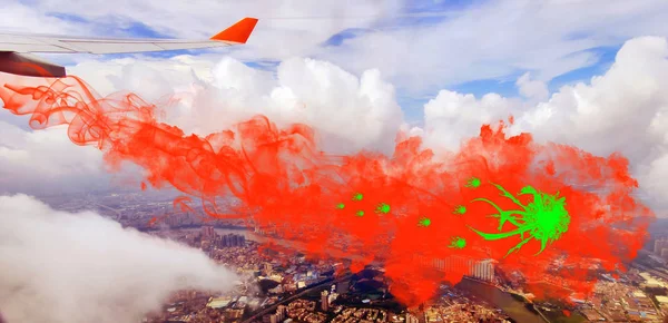 Concept Coronavirus Global Attack Background Flying Aircraft Wing Toxic Smoke — Stock Photo, Image
