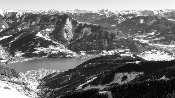 Monochrome View Aerial Panorama Zell See Tourist Resort Winter Lake — Stock fotografie