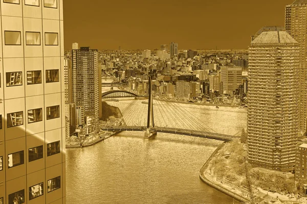 Цветной Градиентный Фон Воздушного Городского Пейзажа Токио Закате Мостами Рекой — стоковое фото