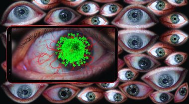 Telefonun hayatını izlerken Coronavirus 'un kavramsal görüntüsü. Cep telefonu ekranında büyük bir göz seni birçok insan gözünün fantezi arka planında izliyor.