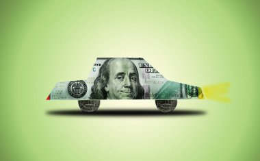one hundred dollars in the shape of a car on a green background. clipart
