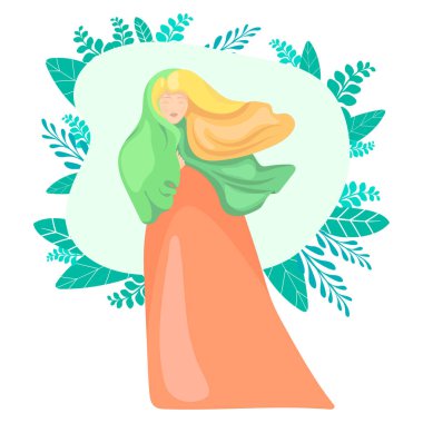 Basitleştirilmiş kız. Kapalı gözlü, atkıya sarılmış ya da çalınmış bir elbise giymiş bir kadın. Düz stil. Beyaz izole edilmiş arka planda stok vektör illüstrasyonu. Çiçek yapraklarıyla mavi gökyüzü çerçevesi