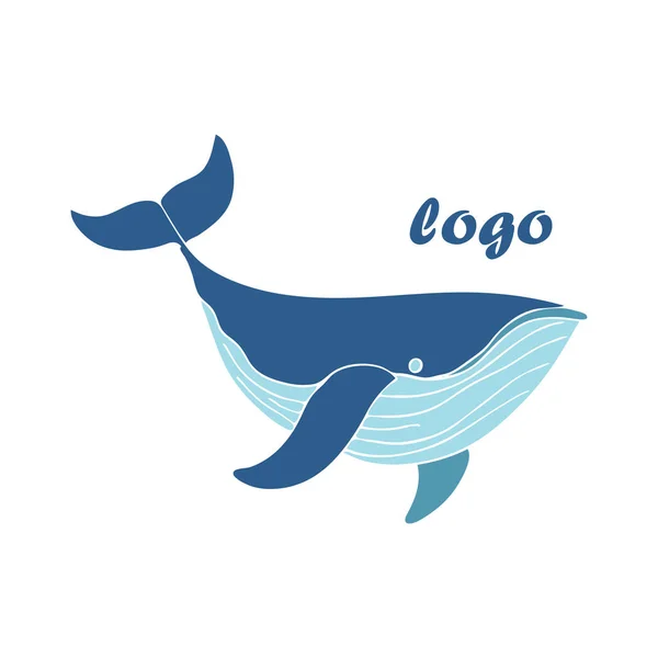 様式化されたミニマリズムの青い鯨 ザトウクジラの水泳 白地に手描きのベクターストックイラスト 子供っぽいキャラクターイラスト 碑文のロゴと場所 — ストックベクタ