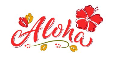 Aloha el yazısı. İçinde çiçek olan el yazısı. Hawaii çiçekli tişört izi. Parlak renklerle yaz merhaba cümlesi. Poster, tebrik kartı, çantalar, plaj partisi davetiyesi için izole vektör şablonu