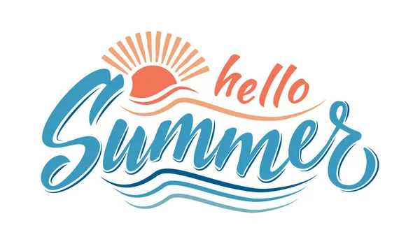 Hello Summer Lettering Composition Sun Waves Poster Background Postcard Greeting — Stock Vector