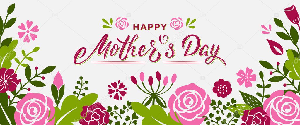 Happy Mother's day hand lettering text with flowers and branches. Banner template for mother's day. Vector illustration for postcard, greeting card, newsletter, brochures, invitation, poster, banner. 