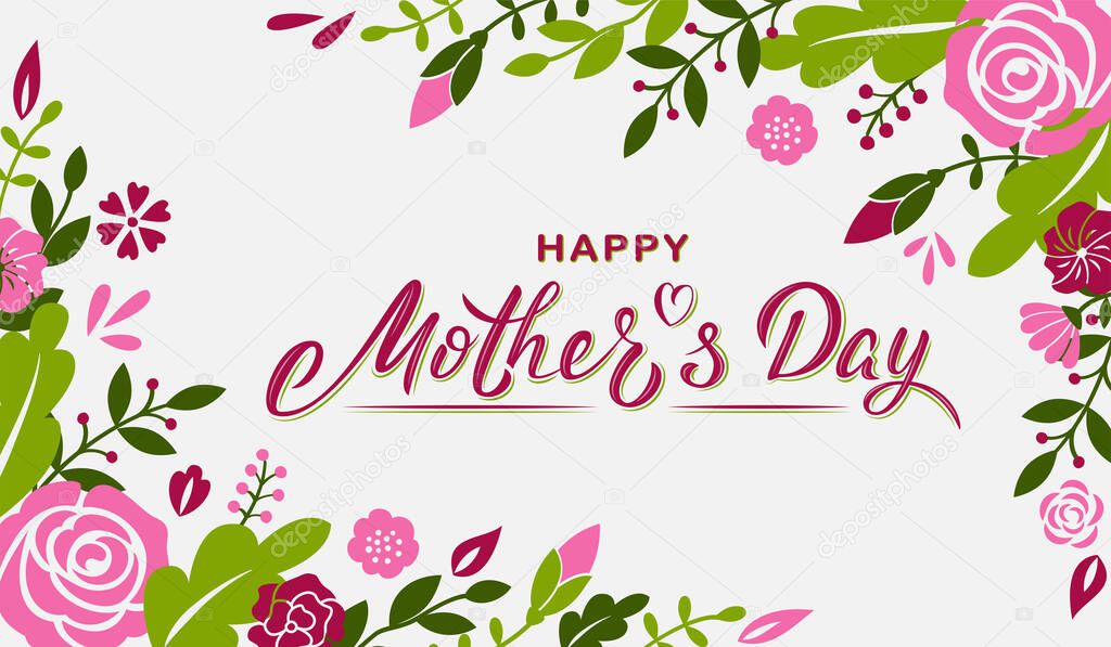 Happy Mother's day hand lettering text with flowers and branches. Holiday's banner template. Vector illustration for postcard, greeting card, newsletter, brochures, invitation, poster, banner. 