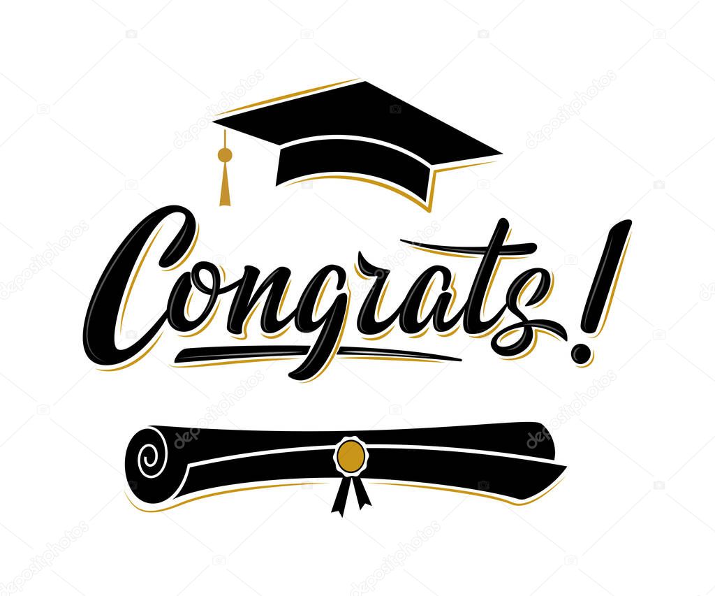 Congrats! greeting sign for graduation party. Class of 2020. Academic cap and diploma. Vector design for congratulation ceremony, invitation card, banner. Grads symbol for university, school, academy