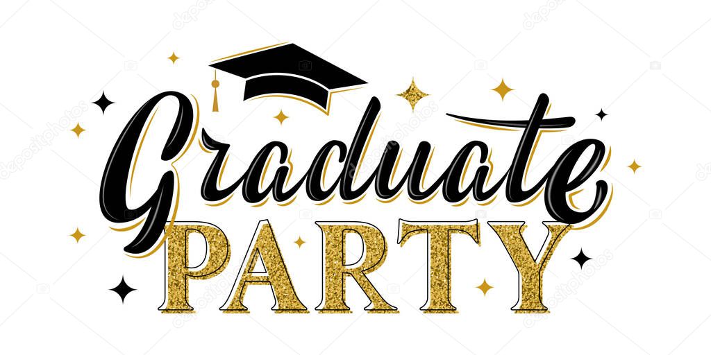 Graduate party greeting sign. Graduation label. Vector design for graduation design, congratulation ceremony, invitation card, banner. Grads symbol for university, high school, academy, college