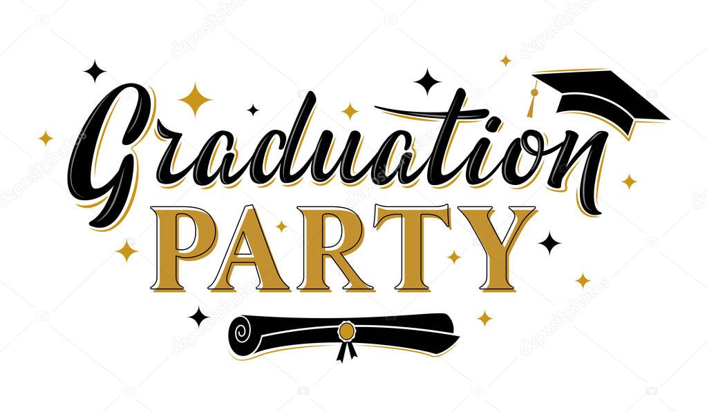Graduation party greeting sign with academic cap. Vector design for graduation design, congratulation ceremony, invitation card, banner. Grads symbol for university, high school, academy, college