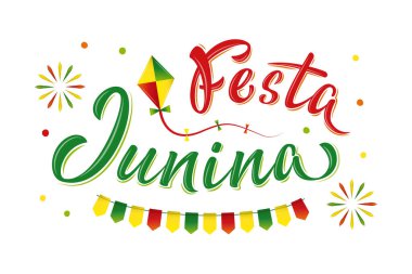 Festa Junina 'nın Brezilya' da Haziran partisinde yazdığı metin yazısı. Brezilya geleneksel hasat festivali. Folklor köyü karnavalı. Festival ateşi, uçurtma ve çelenk. Poster, afiş, broşür için vektör illüstrasyonu