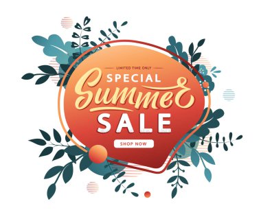 Modern yaz indirimi afiş şablonu. Yaprakları ve dalları olan soyut geometrik arka plan. Sezonluk satışın için tanıtım rozeti, el ilanları, davetiyeler, posterler, indirim kuponları. Vektör illüstrasyonu