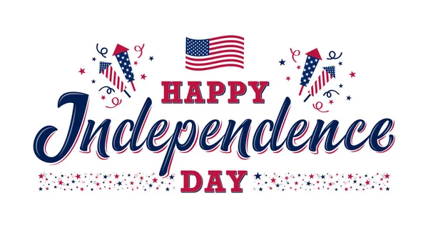 Feliz Signo Del Día Independencia Con Estrellas Petardos Bandera Americana — Archivo Imágenes Vectoriales