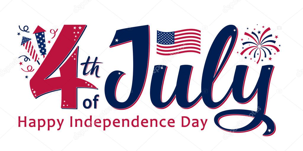 4th of July, United Stated independence day. Template design for poster, banner, postcard, flyer, greeting card. American national day. Vector illustration with stars, fireworks and USA flag.