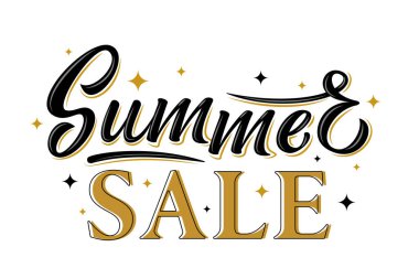 Yaz indirimi mesajı. Beyaz arka planda izole edilmiş yıldızlarla siyah ve altın harfler çizilmiş. Terfi posteri, afiş, broşür, kartpostal, bülten için tasarım elemanı. Vektör illüstrasyonu