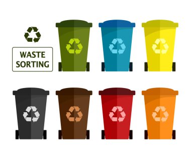 Beyaz arka planda izole edilmiş düz renkli çöp kutusu seti. Atık yönetimi konsepti. Atık ayıklama motivasyonel vektör çizimi. Sıfır yaşam tarzı. Bilgi posteri veya motivasyon kartı için