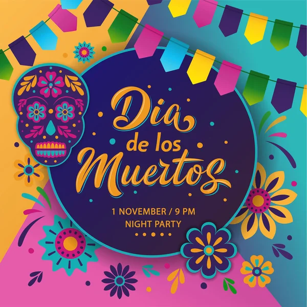 Dia de Los Muertos poster tasarımı. Karanlık arka planda Meksika Ölüler Günü yazıları var. Festival ateşi, süslü kafatası, çiçekler, harf işareti ve çelenk içeren renkli bir şablon.. 