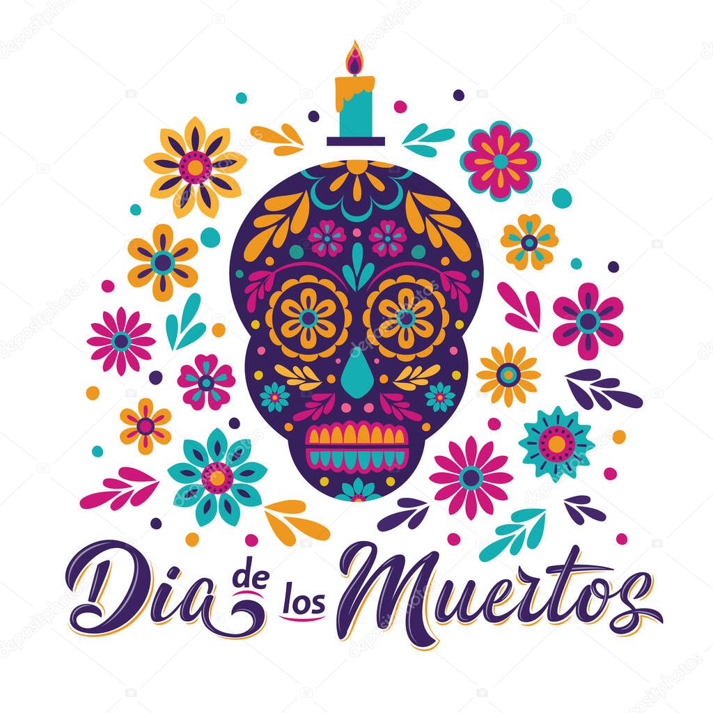 Dia de Los Muertos card with decorated skull, flowers and lettering sign. Mexican Day of the Dead inscription isolated on white. Vector illustration for greeting cards, poster, party flyer, invitation