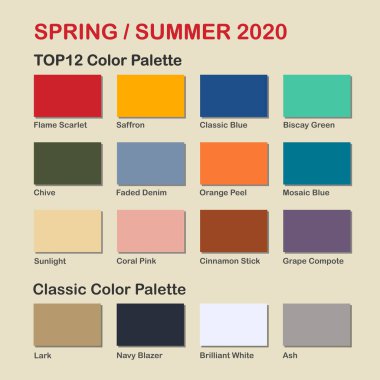Spring / Summer 2020 trendy color palette. Fashion color trend. Palette guide with named color swatches. Saturated and classic neutral color samples set. Vector Illustration clipart
