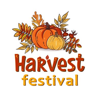 Hasat Festivali el yazısı, güz yaprakları ve balkabaklarıyla yazılmış yazı. Rowan ve meşe yaprakları, kabak ve köpek gülü. Şükran Günü için sonbahar öğeleri. Sonbahar hasat festivali. Vektör tasarımı