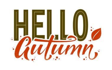 Merhaba sonbahar el yazısı, su sıçratma ve yapraklarla çizilmiş. Kartlar, posterler, afişler, logolar, etiketler için beyaz arkaplanda el yazısıyla çizilmiş sonbahar vektörü çizimi. Vektör şablonu tasarımı.